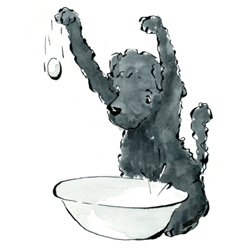 Illustration of Max the Dog cracking eggs and dropping them into a mixing bowl